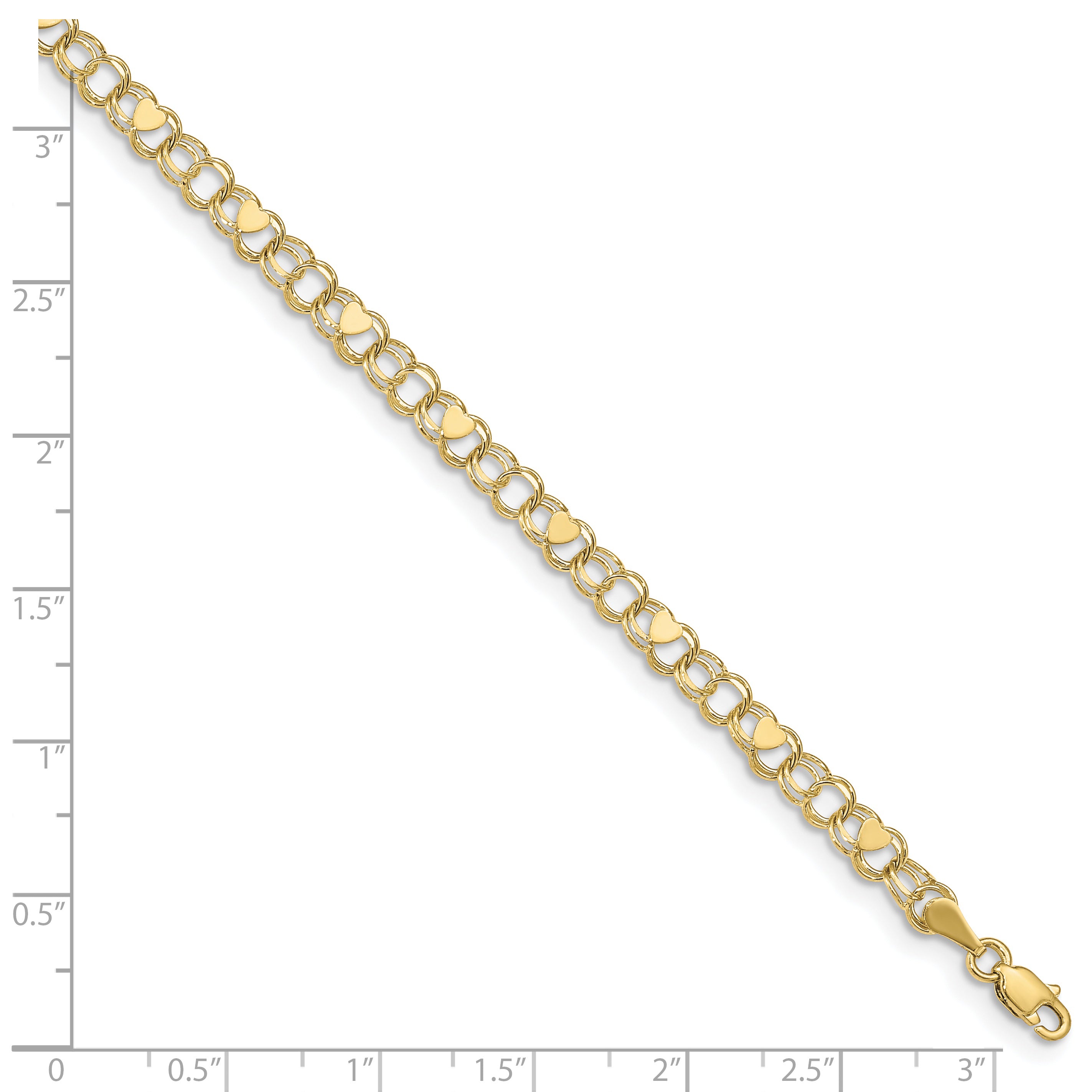 10K 4mm Solid Double Link with Hearts 7 inch Charm Bracelet - view 4