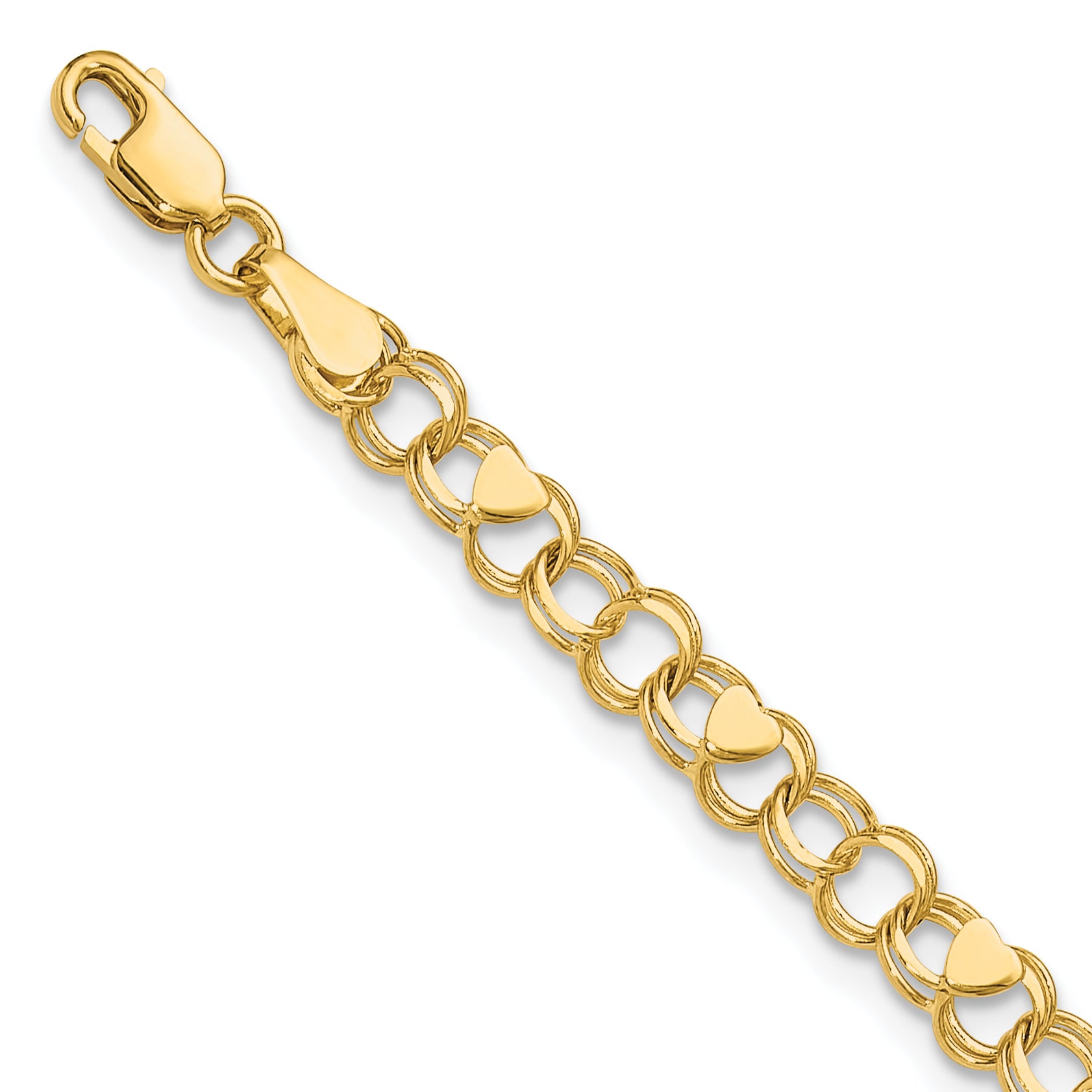 10K 4mm Solid Double Link with Hearts 7 inch Charm Bracelet - 7 in Main image