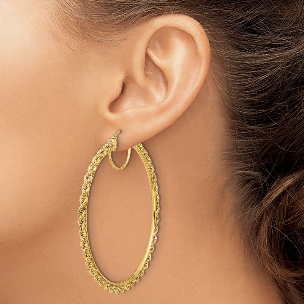 10k Polished and D/C Rope 2.95mm Hoop Earrings