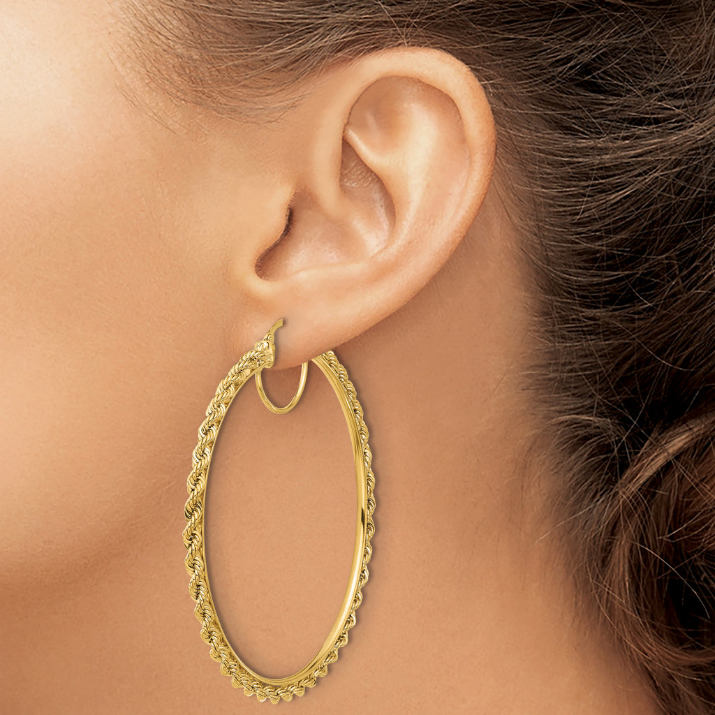 10k Polished and D/C Rope 2.95mm Hoop Earrings