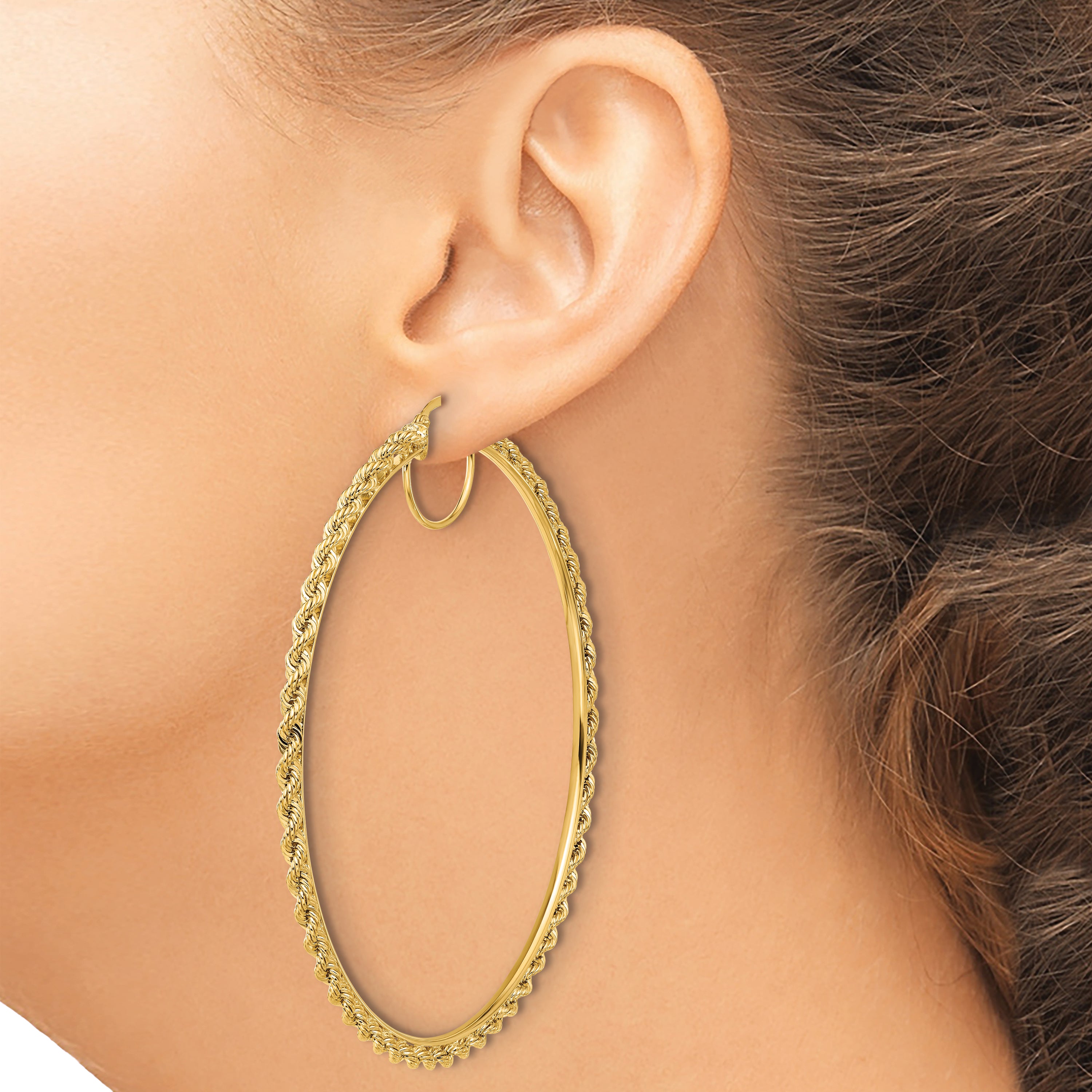 10k Polished and D/C Rope 2.95mm Hoop Earrings