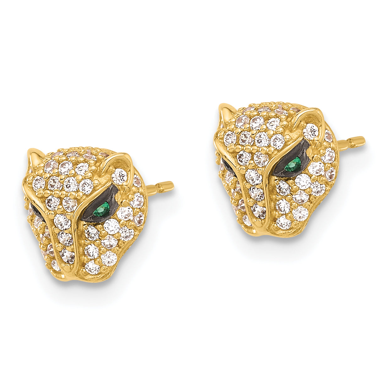 10K Polished Clear & Green CZ Lioness Head Post Earrings Secondary image