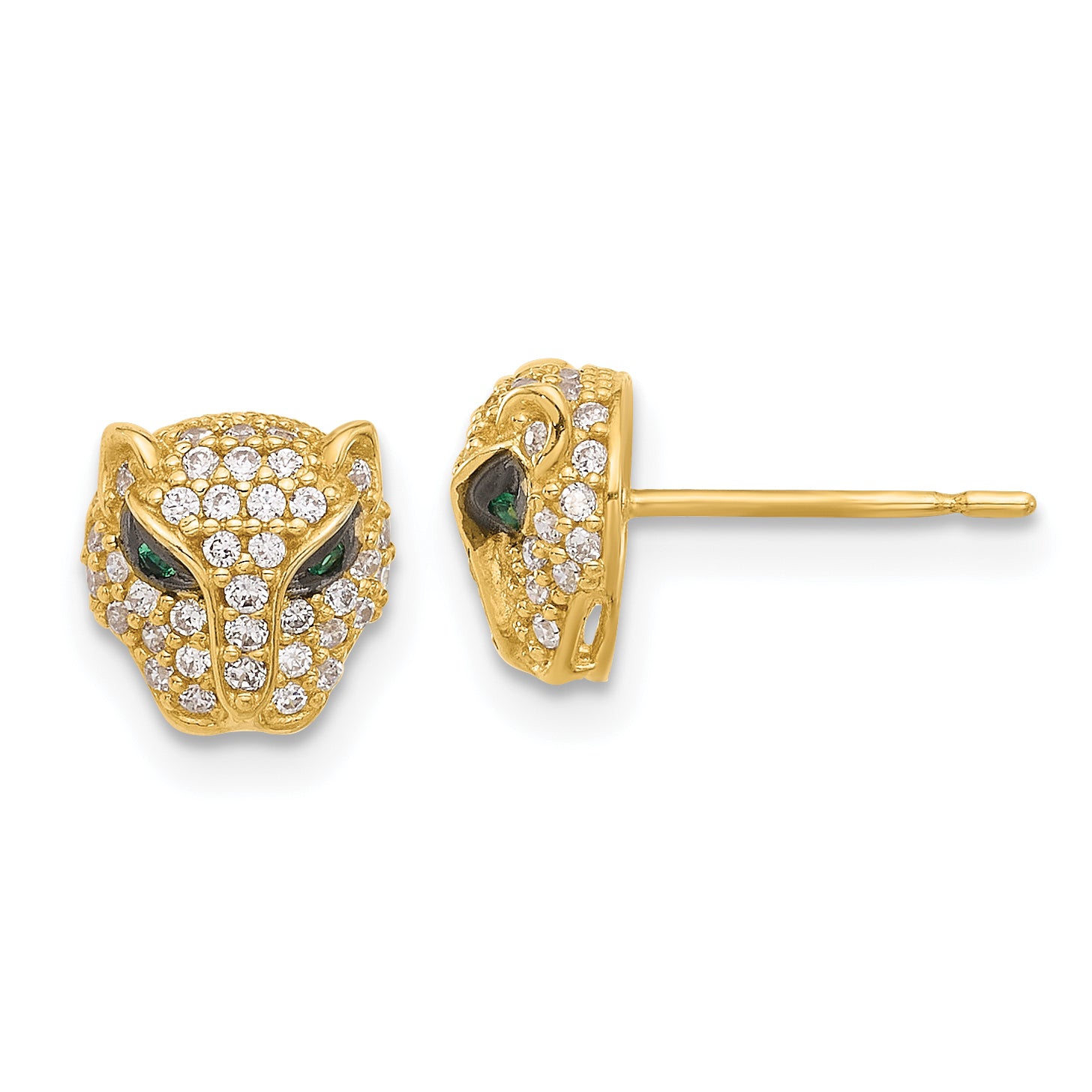 10K Polished Clear & Green CZ Lioness Head Post Earrings Main image