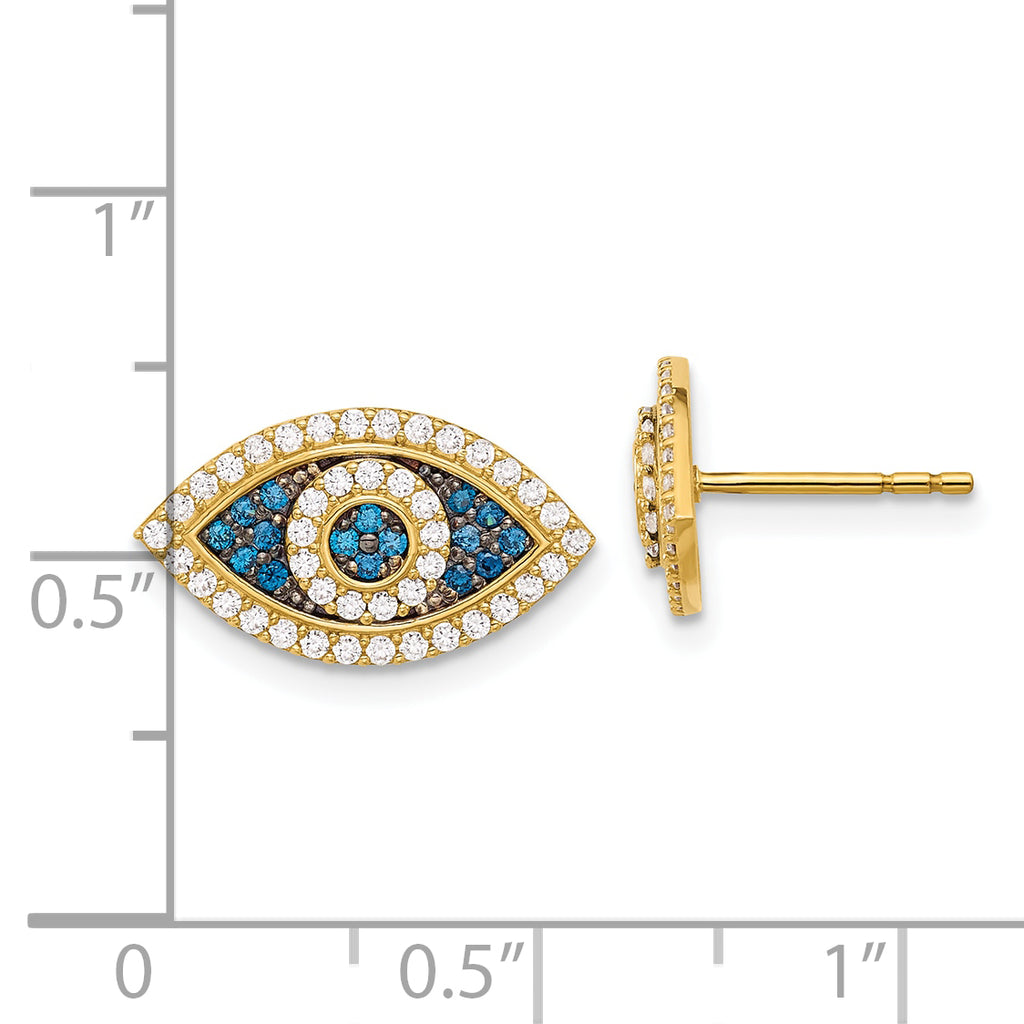 10K Polished Blue & Clear CZ Evil Eye Post Earrings