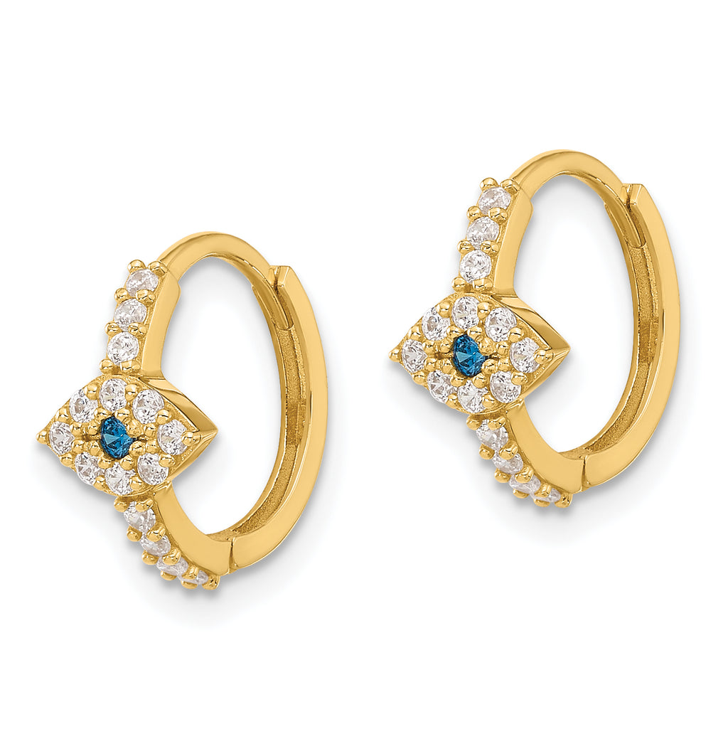 10K Polished Clear & Blue CZ Evil Eye Hinged Hoop Earrings