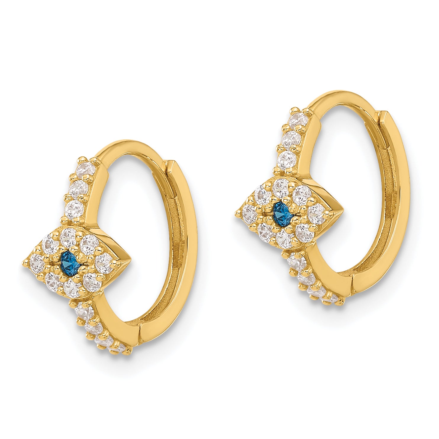 10K Polished Clear & Blue CZ Evil Eye Hinged Hoop Earrings