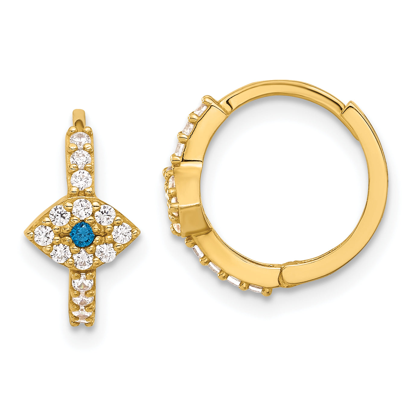 10K Polished Clear & Blue CZ Evil Eye Hinged Hoop Earrings
