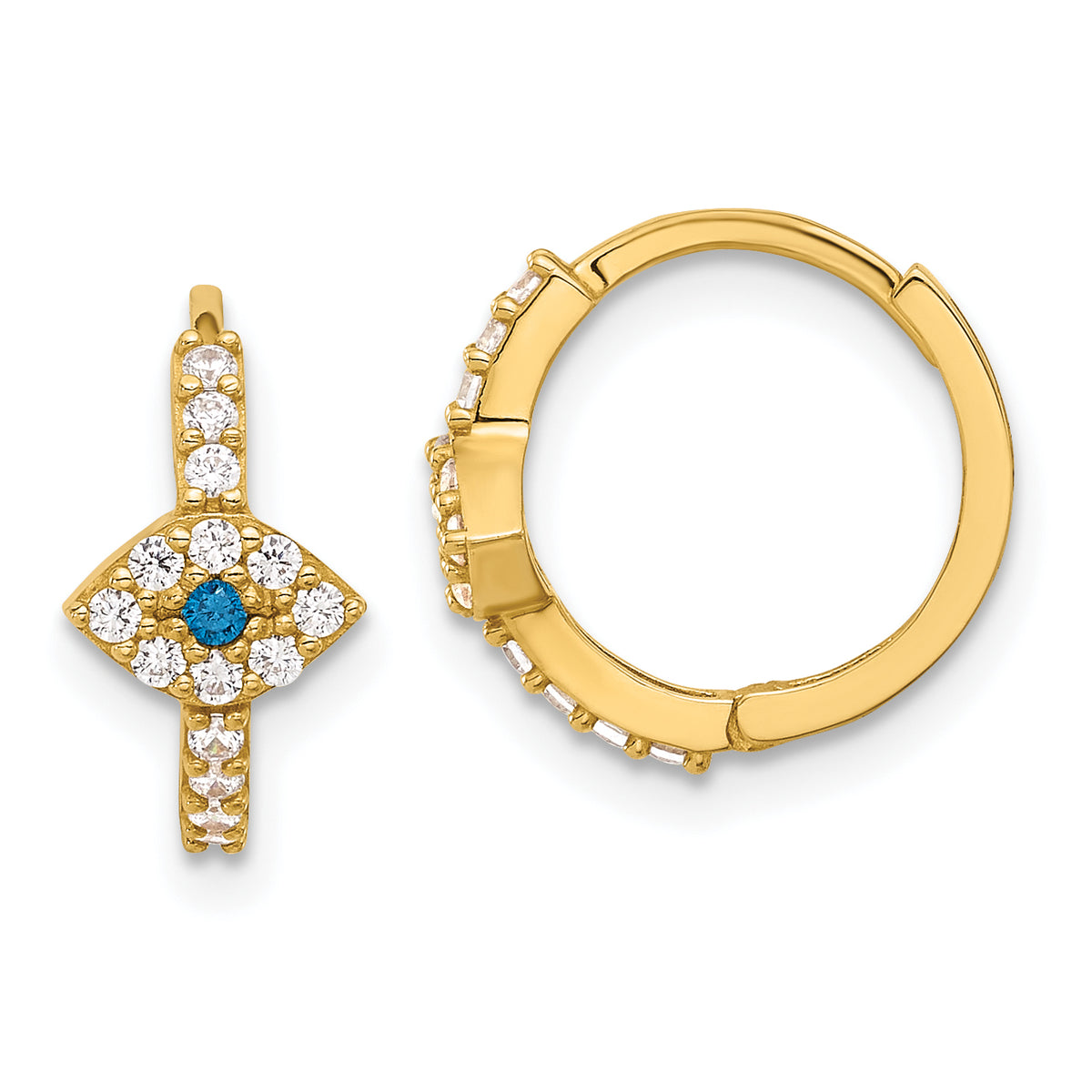 10K Polished Clear & Blue CZ Evil Eye Hinged Hoop Earrings