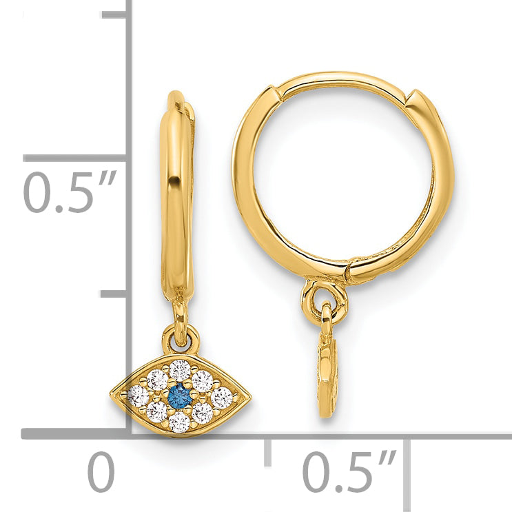 10K Polished Clear & Blue CZ Dangle Evil Eye Hinged Hoop Earrings