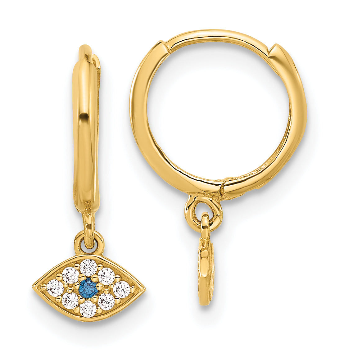 10K Polished Clear & Blue CZ Dangle Evil Eye Hinged Hoop Earrings Main image
