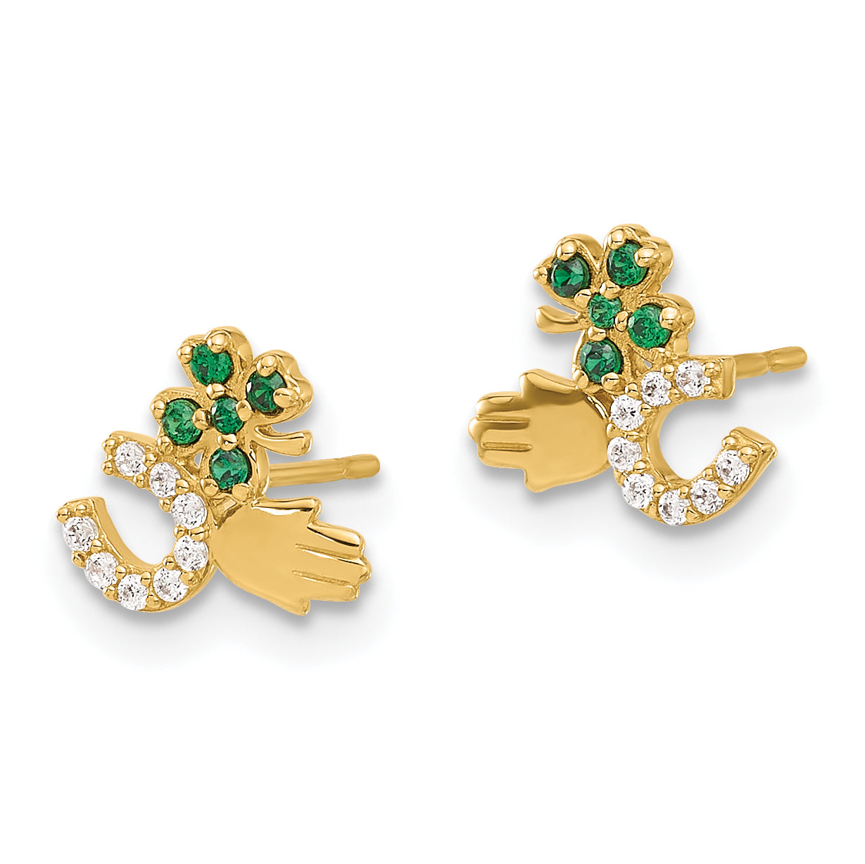 10K Polished Green & Clear CZ Good Luck Post Earrings Secondary image