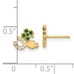 10K Polished Green & Clear CZ Good Luck Post Earrings