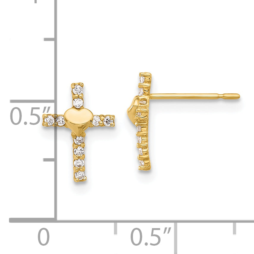 10K Polished CZ Heart Cross Post Earrings