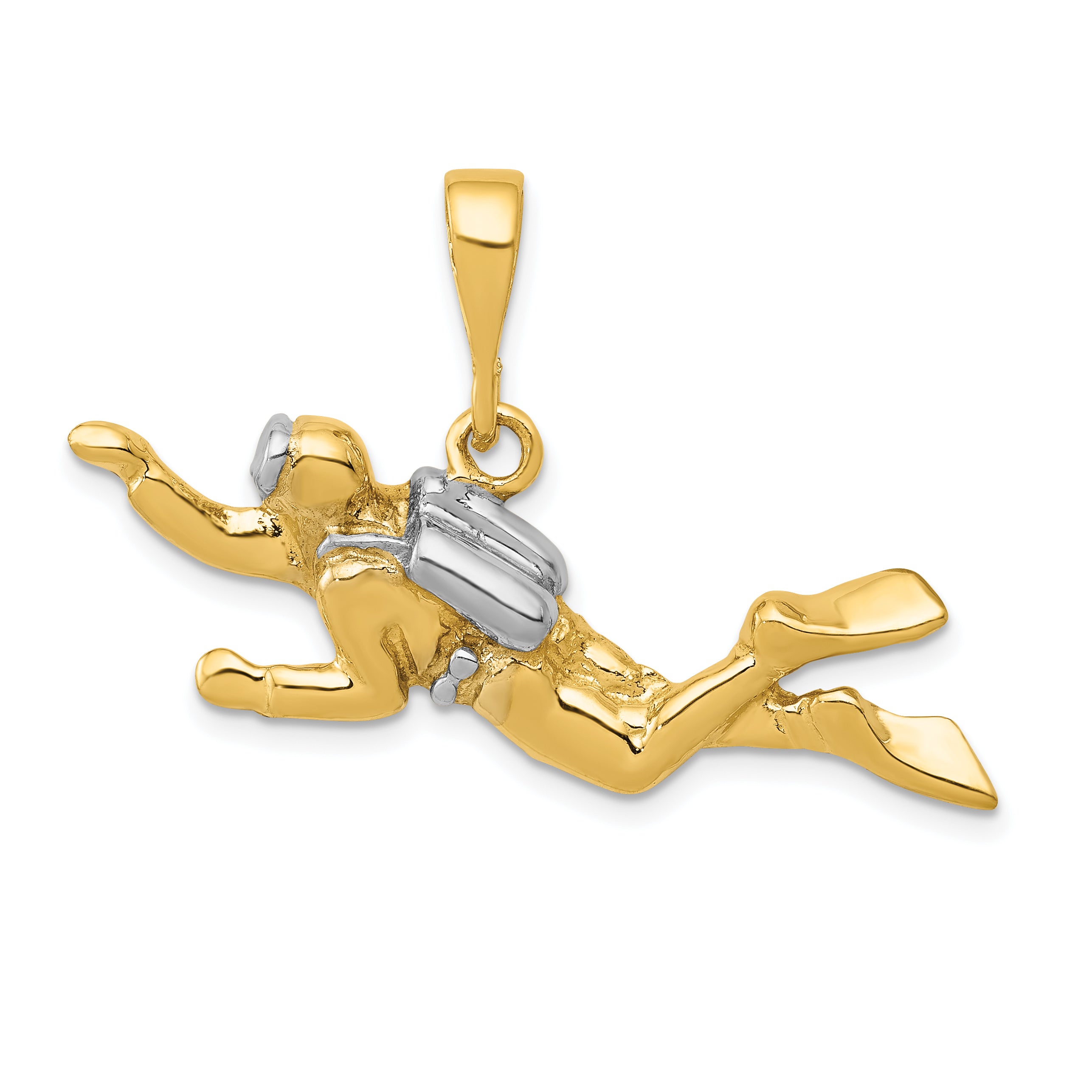 10k & Rhodium Polished Open-Backed Scuba Diver Pendant Main image