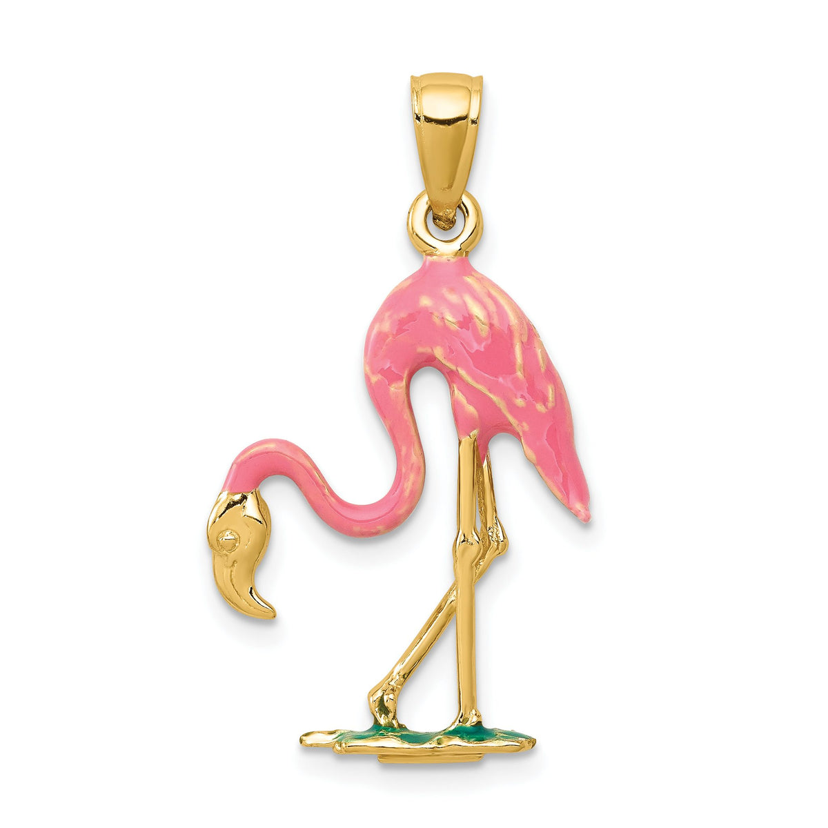 Enameled Flamingo Pendant in 10K Yellow Gold, 31mm - Sophia Jewelers Main image