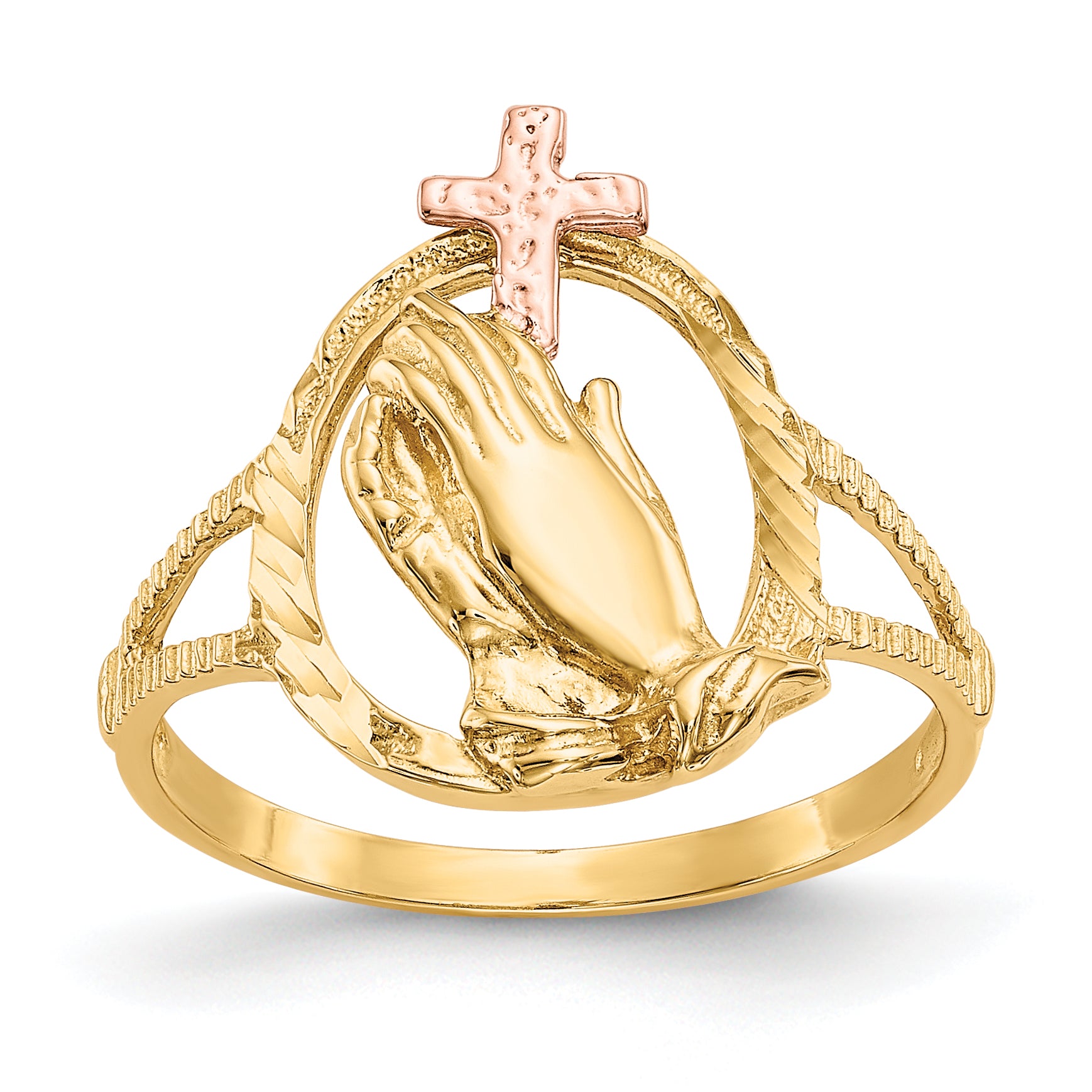 10K Two-tone Diamond Cut Praying Hands Cross Ring