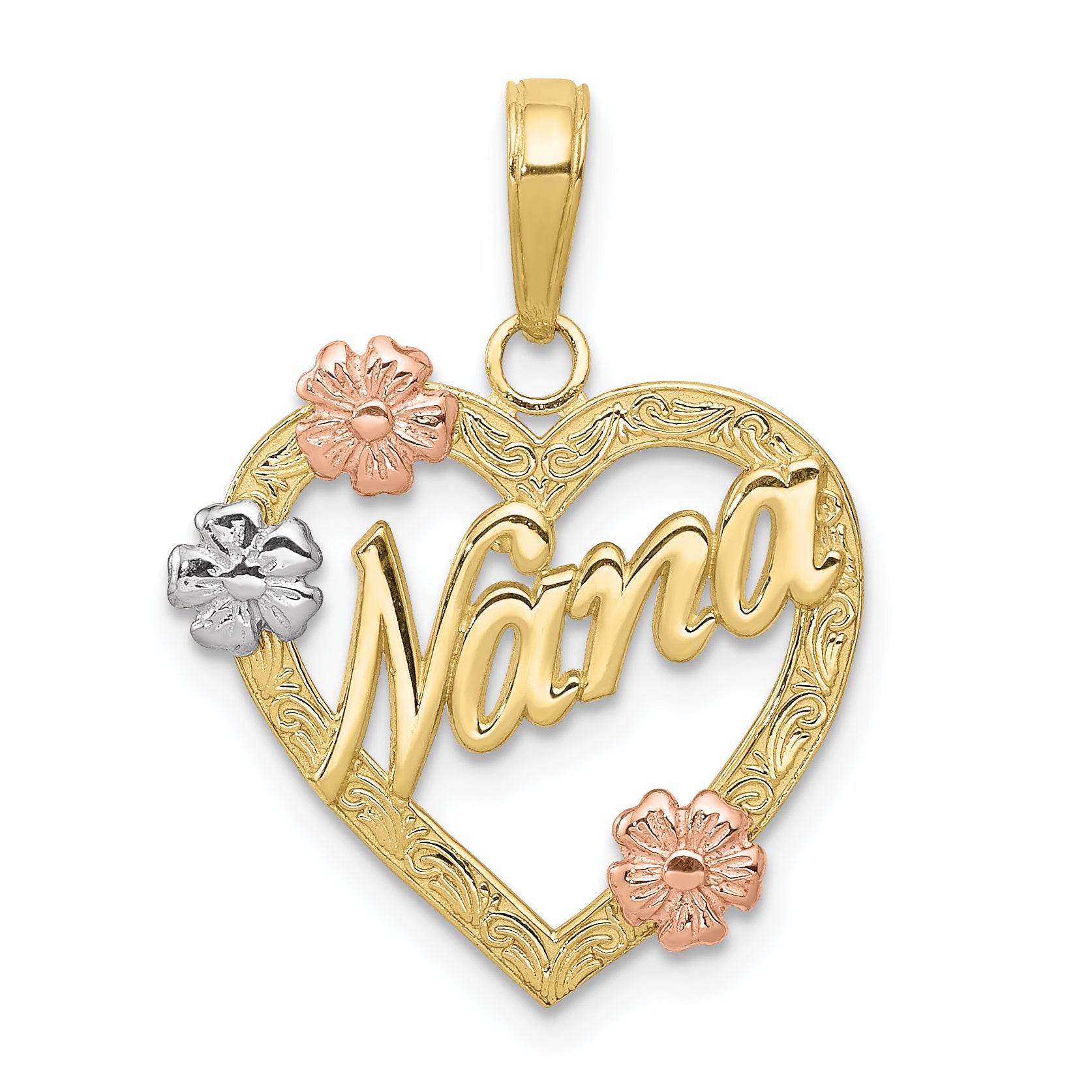 10K Tri-color Nana in Heart with Flowers Pendant Main image