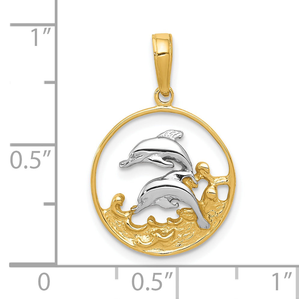 10K None and White Rhodium Double Dolphins in Circle Charm - view 3
