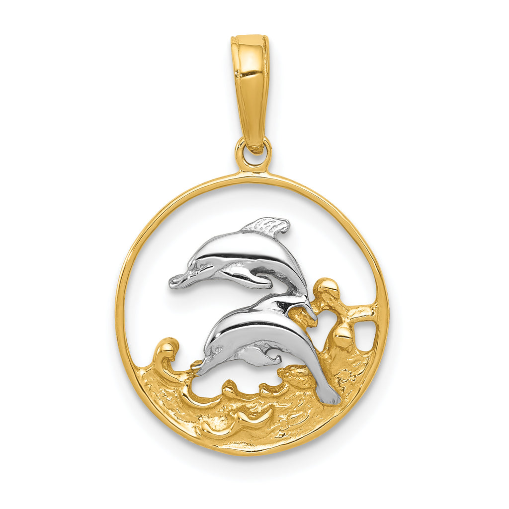 10K None and White Rhodium Double Dolphins in Circle Charm
