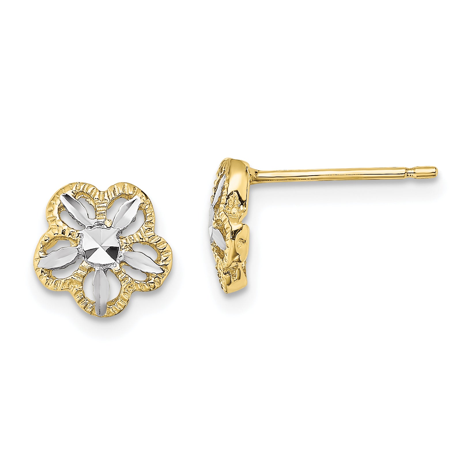 10K w/Rhodium Diamond-cut Flower Post Earrings Main image