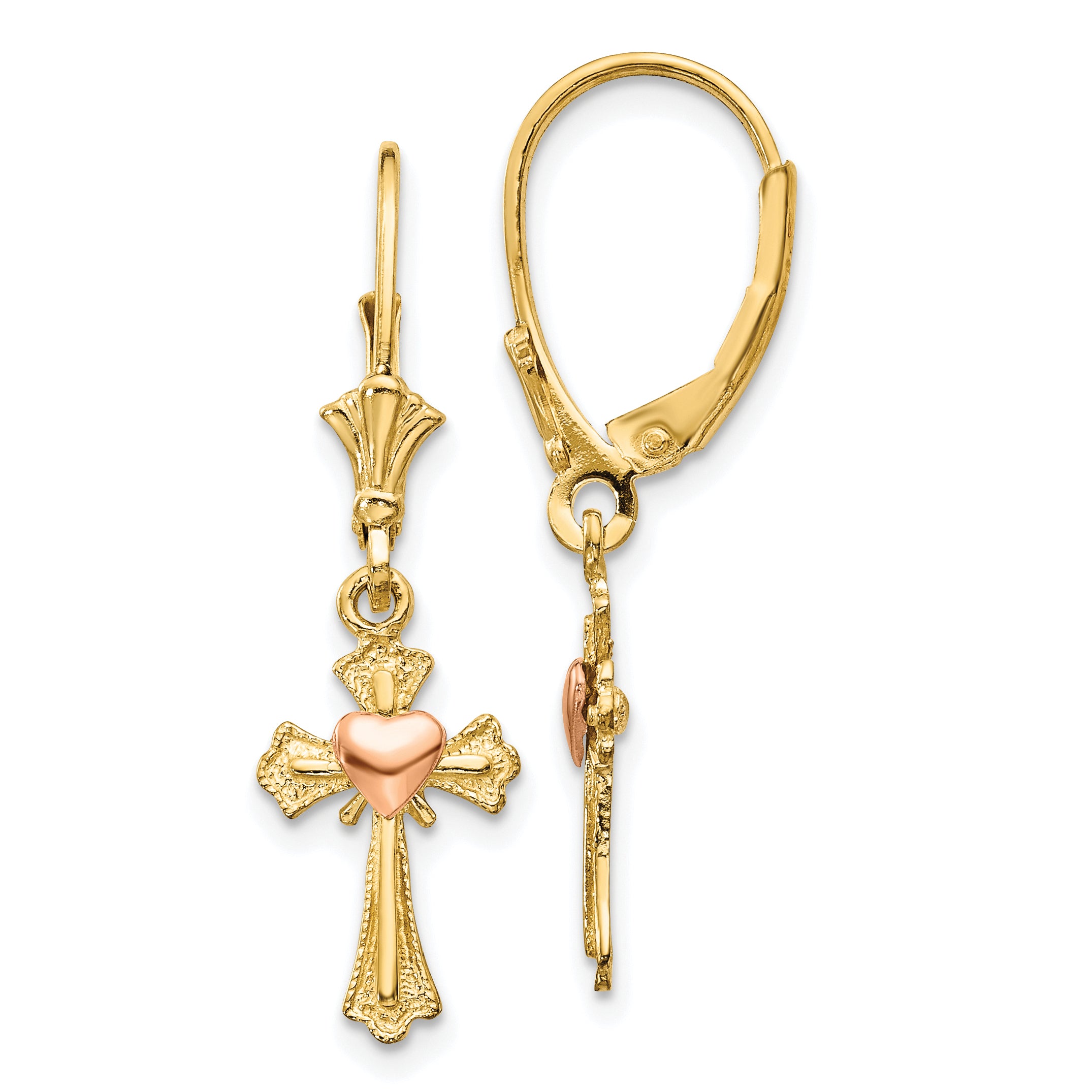 10K Two-tone Heart on Cross Leverback Earrings Main image