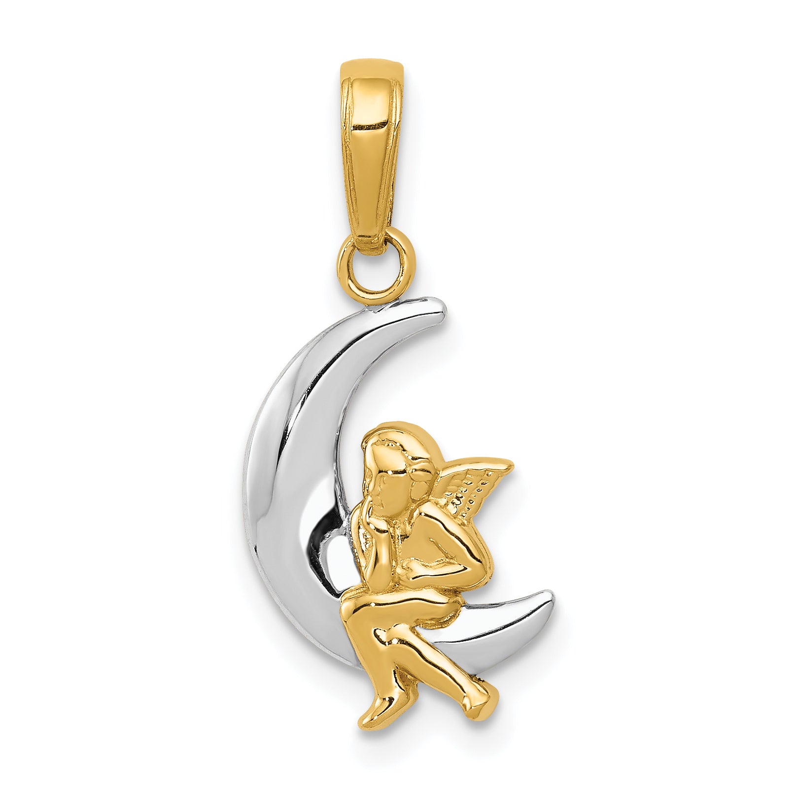 10k & Rhodium Polished Moon w/ Angel Pendant Main image