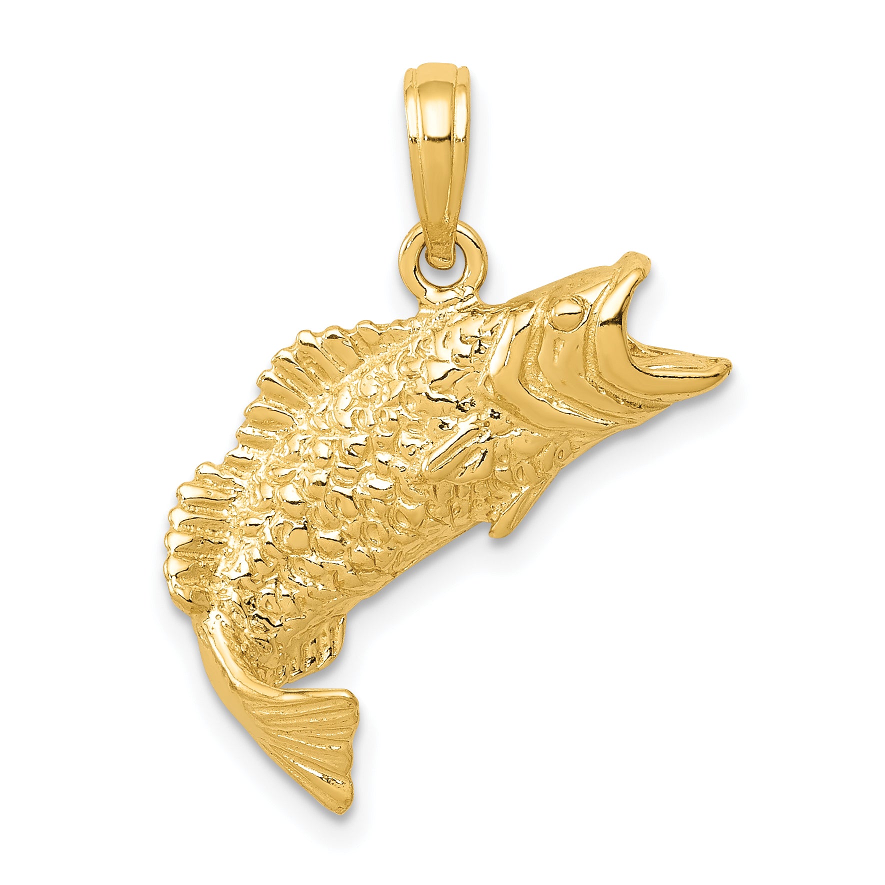 10K Gold Polished & Textured Bass Fish Pendant Main image