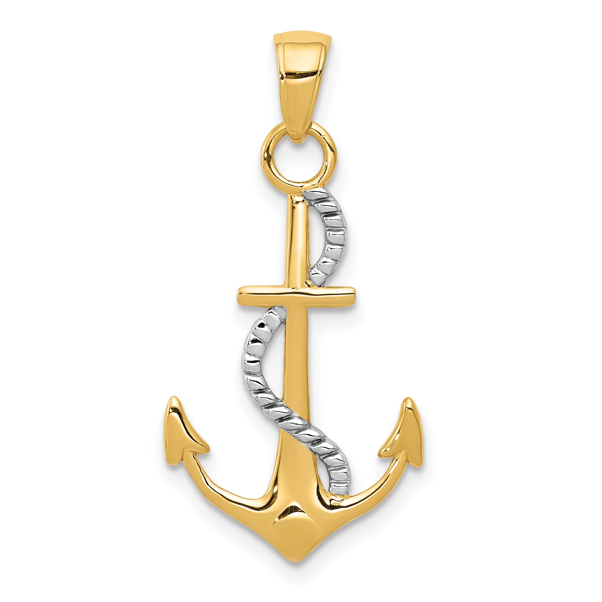 10K w/Rhodium Polished Anchor W/Rope Pendant Main image