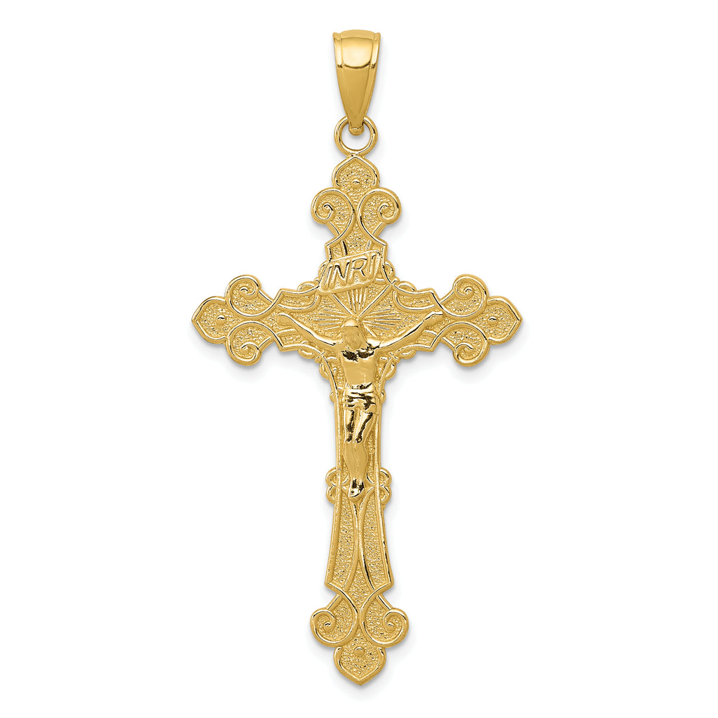 10K Polished Textured INRI Crucifix Fleur de Lis Pendant