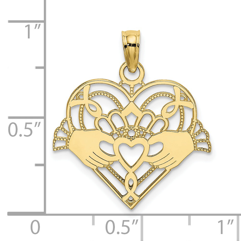 10K Polished and Beaded Claddagh In Heart Charm