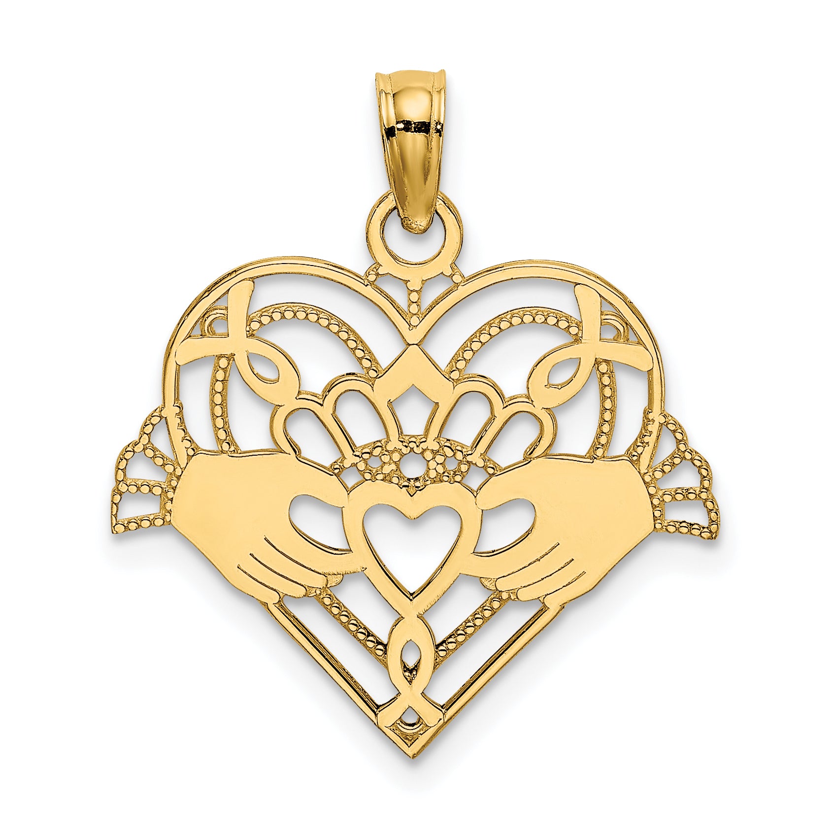 10K Polished and Beaded Claddagh In Heart Charm Main image