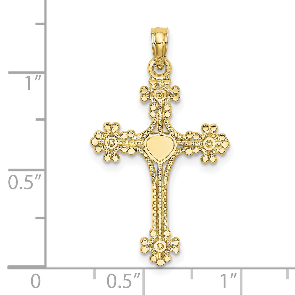10K Beaded Tip Cross w/ Heart Center Charm