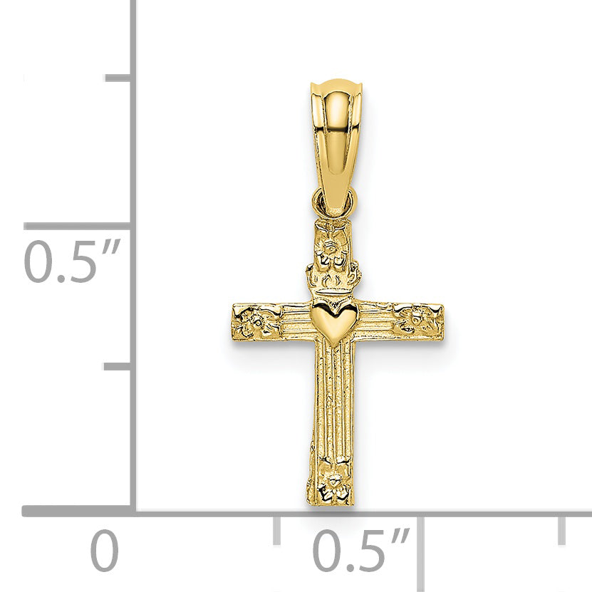 10K Textured Mini Cross w/ Heart Charm