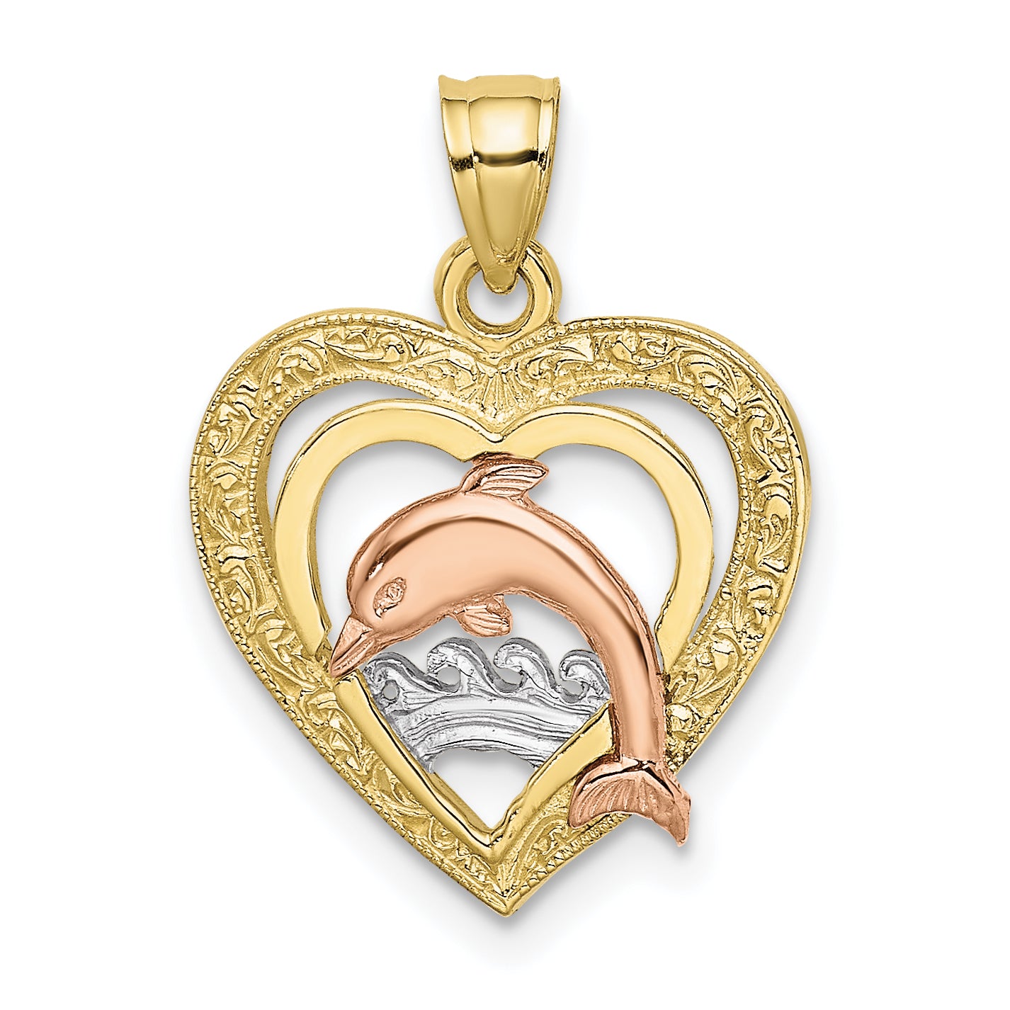 10K Two-Tone Gold Two-tone and White Rhodium Dolphin In Heart Charm Main image