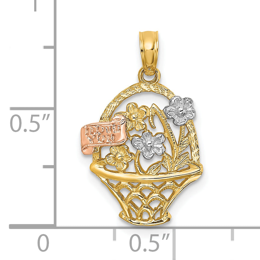 10k Two-Tone w/White Rhodium Flower Basket w/I LOVE YOU Charm
