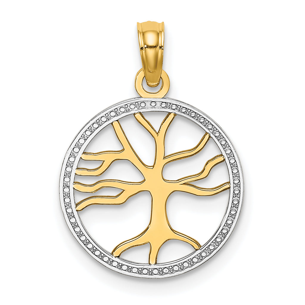 10K None and White Rhodium Tree Of Life In Round Frame Charm