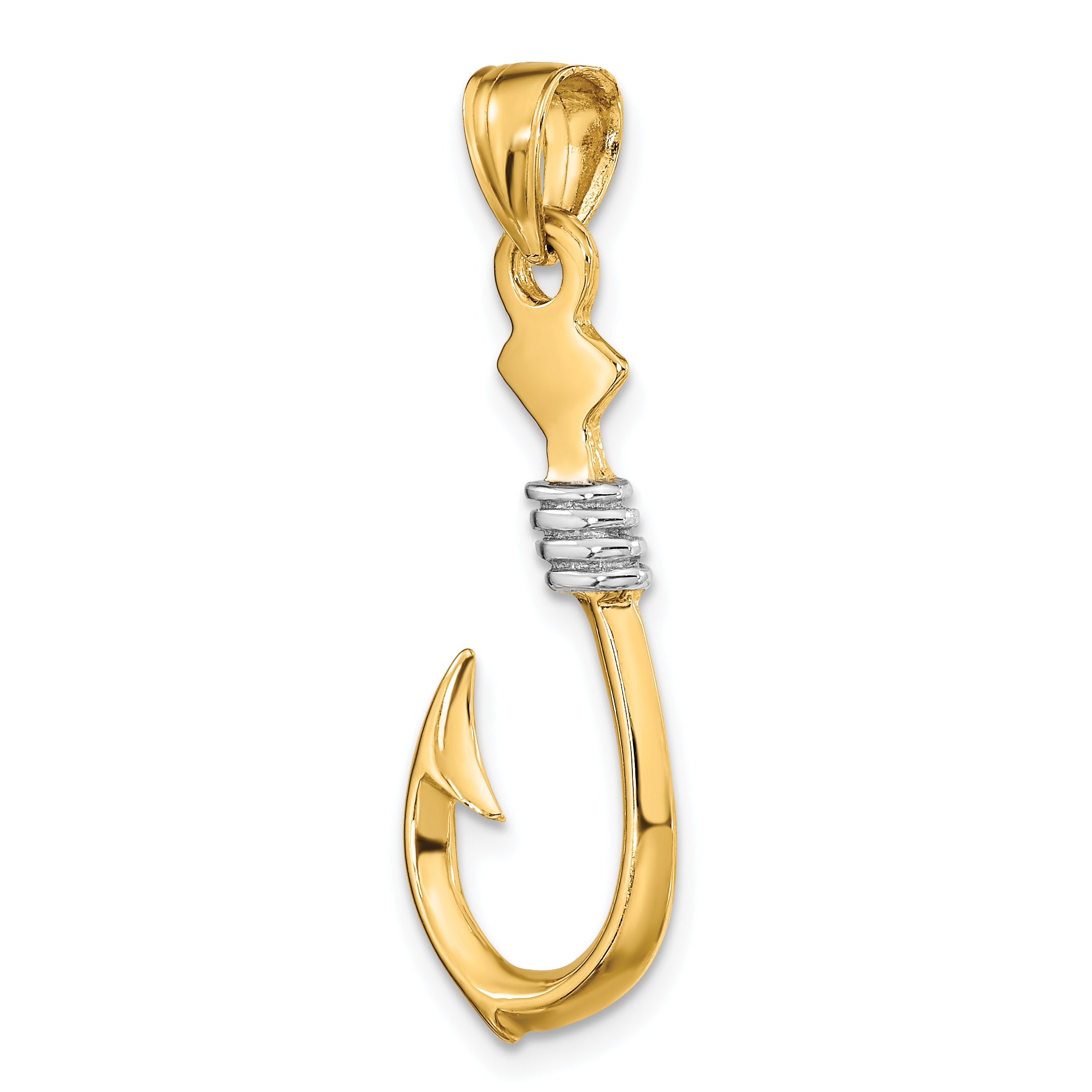 10K w/Rhodium 3-D Fish Hook With Rope Charm
