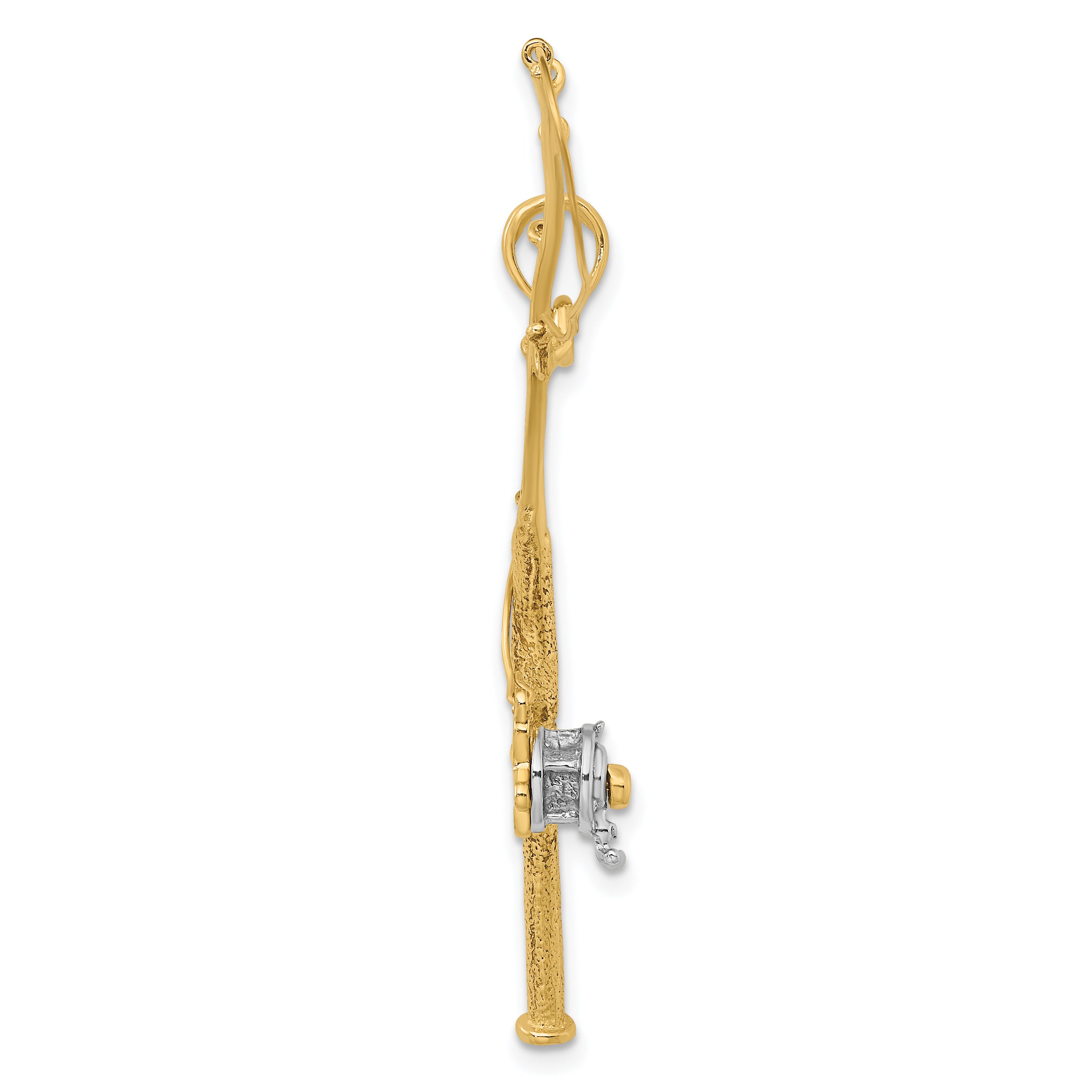 10K w/Rhodium 3-D Moveable Fishing Pole W/ Reel Pendant