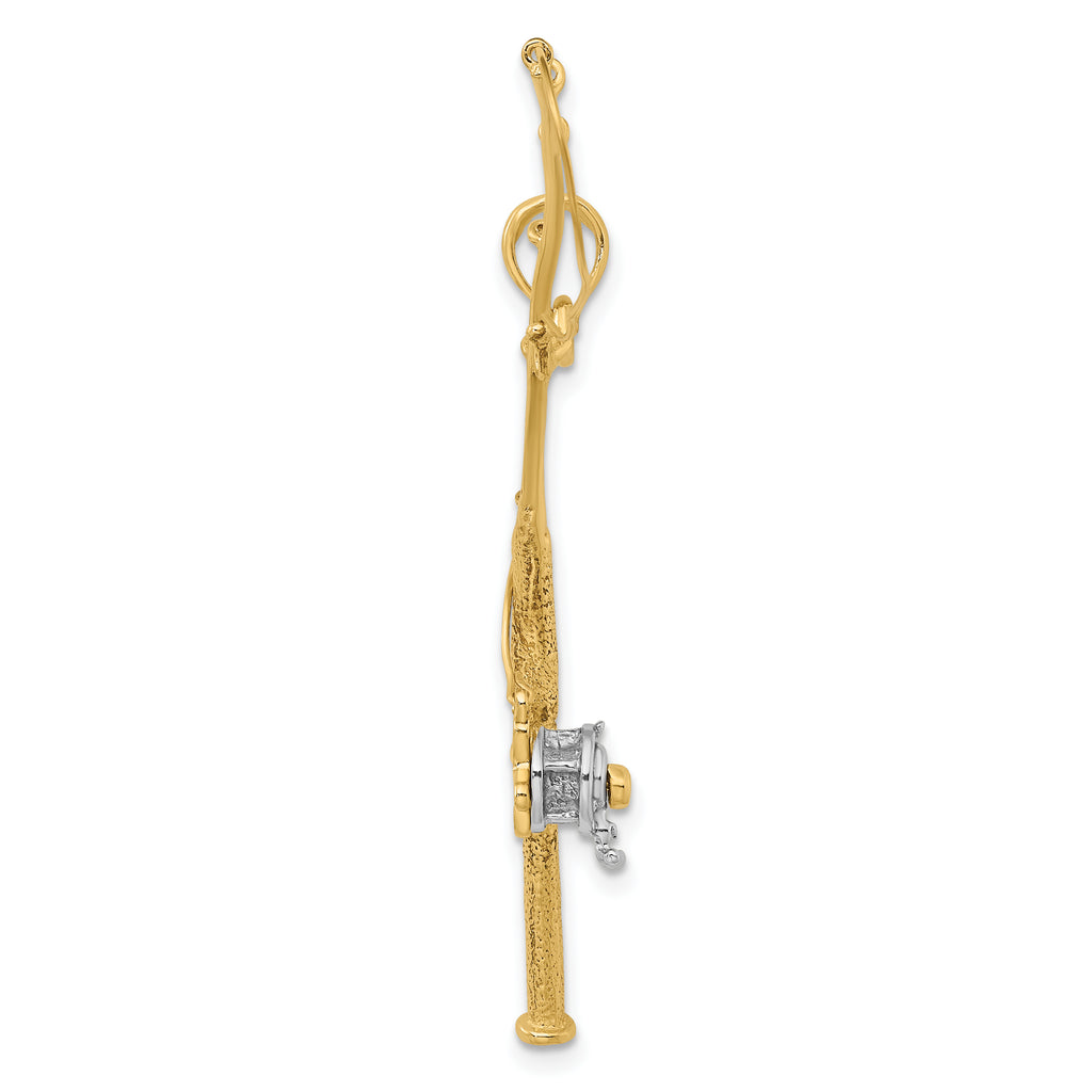 10K w/Rhodium 3-D Moveable Fishing Pole W/ Reel Pendant