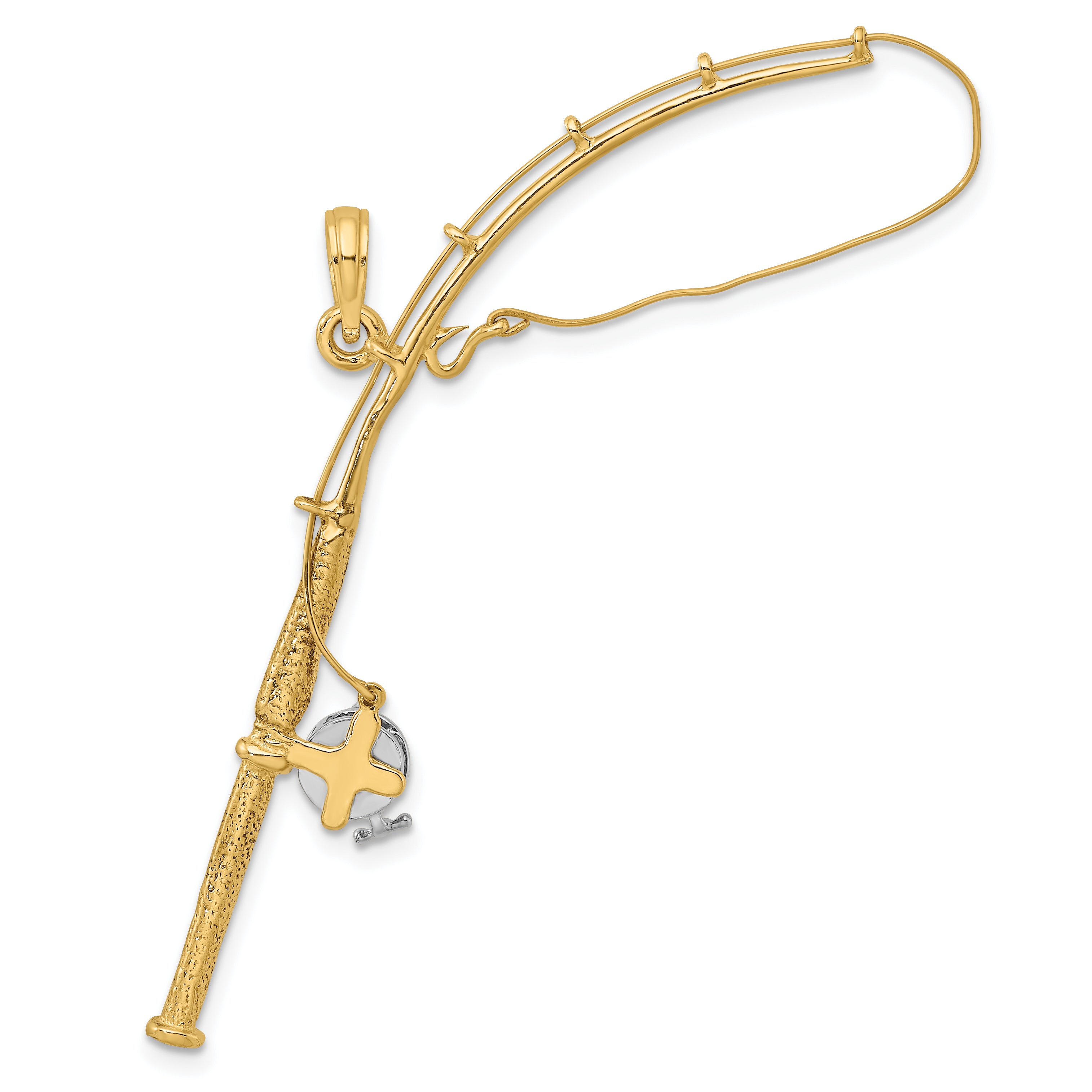 10K w/Rhodium 3-D Moveable Fishing Pole W/ Reel Pendant