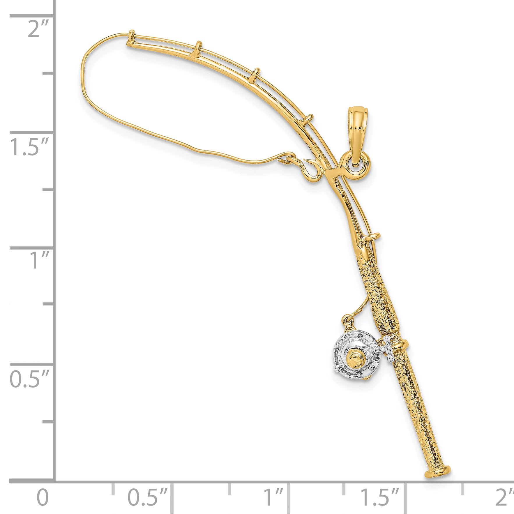 10K w/Rhodium 3-D Moveable Fishing Pole W/ Reel Pendant