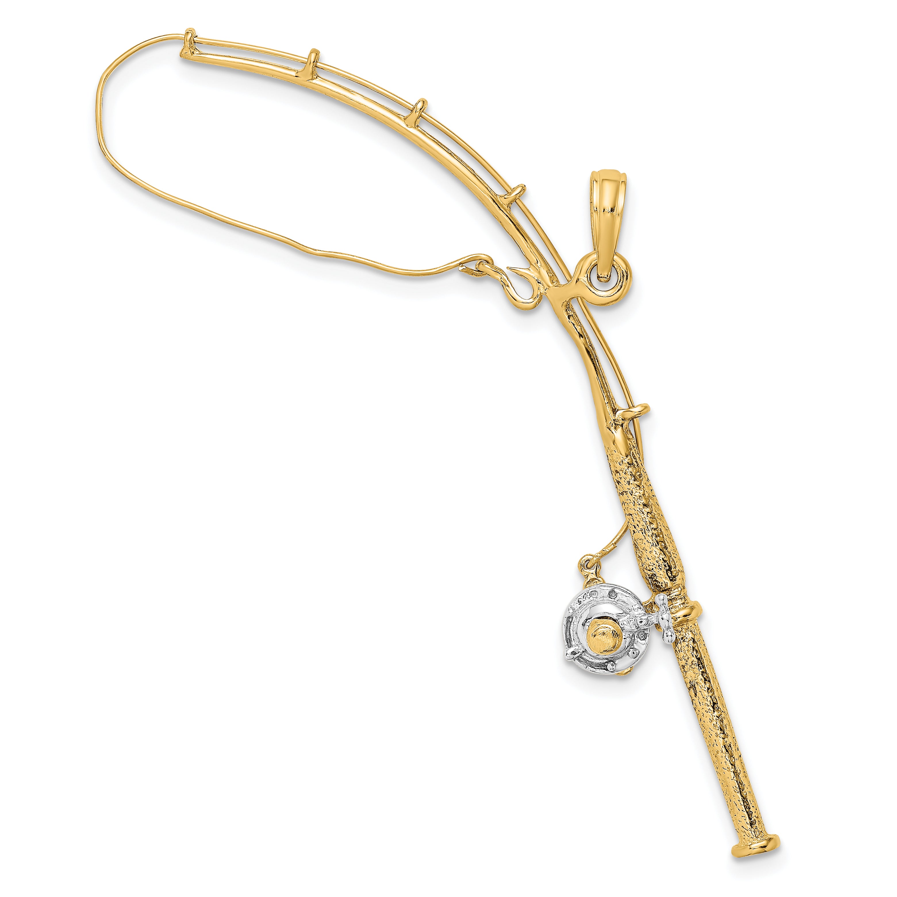 10K w/Rhodium 3-D Moveable Fishing Pole W/ Reel Pendant