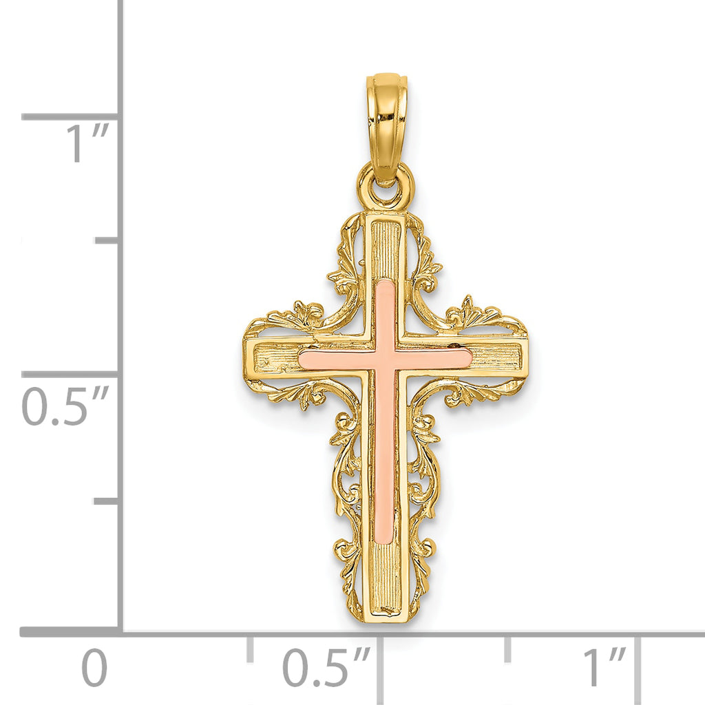 10K Two-Tone Gold Two-Tone w/ Lace Trim Cross Charm - view 3