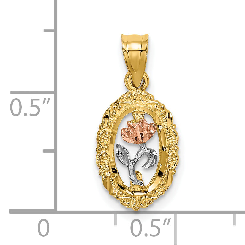 10K Two-tone w/White Rhodium Rose In Oval Frame Charm