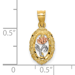 10K Two-tone w/White Rhodium Rose In Oval Frame Charm