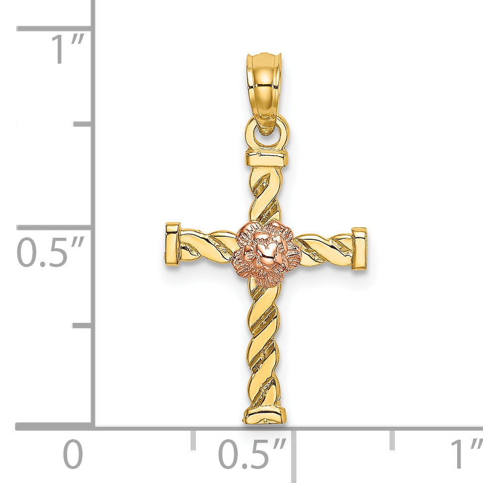 10K Two-Tone Gold Two-Tone Twisted Cross w/ Flower Charm - view 3