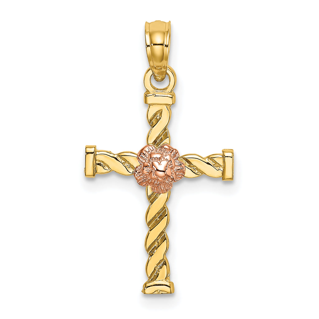 10K Two-Tone Gold Two-Tone Twisted Cross w/ Flower Charm