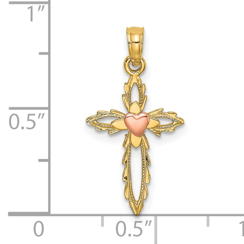 10K Two-Tone Gold Two-Tone Cross w/ Heart Charm - view 3