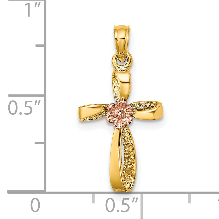 10K Two-Tone Gold Two-Tone Twisted Cross w/ Heart Charm - view 3