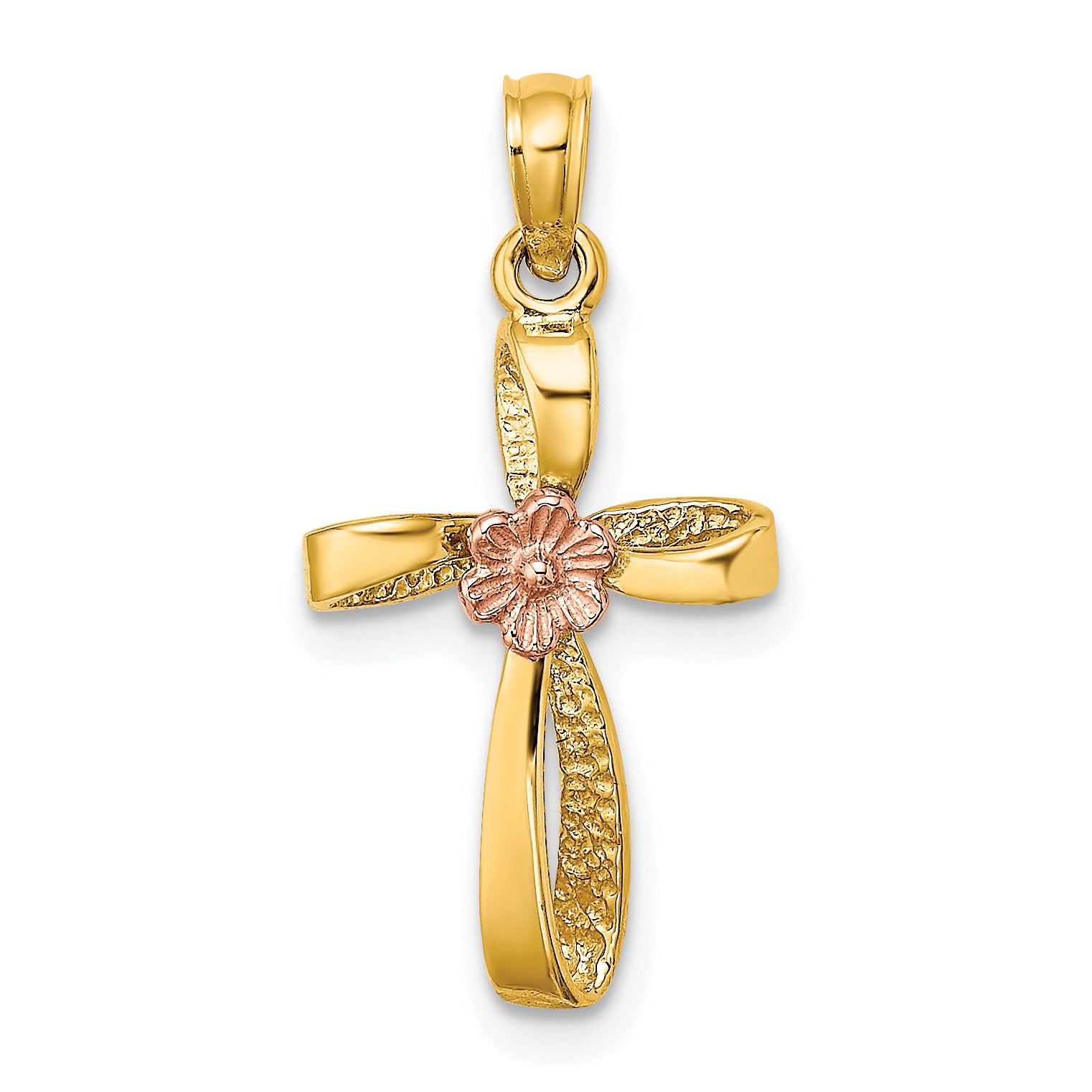 10K Two-Tone Gold Two-Tone Twisted Cross w/ Heart Charm Main image